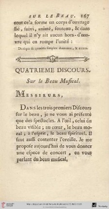 Quatrième discours. Sur le Beau Musical