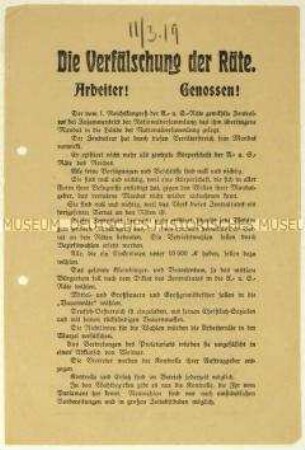 Flugblatt der KPD gegen den Zentralrat der Arbeiter- und Soldatenräte und die Wahlen zum 2. Reichsrätekongress