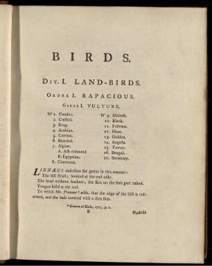 Division I. LAND-BIRDS [Pl. siehe Paginierung]