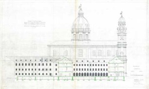 Gsaenger, Gustav; München, Theatinerstr.; Bayerisches Kultusministerium, Erweiterung - Erweiterungsbau Ausführungsplan, Südseite (Ansicht m. Schnitt)