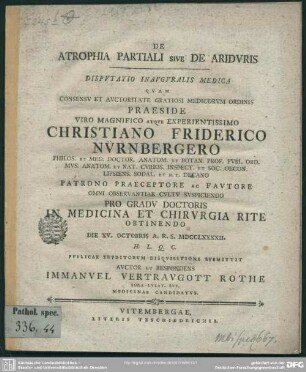 De Atrophia Partiali Sive De Ariduris : Disputatio Inauguralis Medica