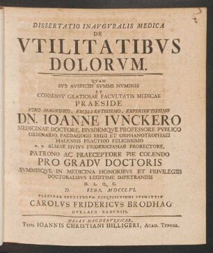 Dissertatio Inavgvralis Medica De Vtilitatibvs Dolorvm