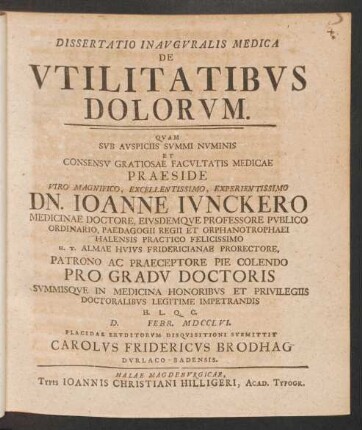 Dissertatio Inavgvralis Medica De Vtilitatibvs Dolorvm