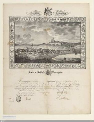 Königreich Württemberg. Stadt u. Schloss Neresheim : [Handwerksbrief, Böttcher, Neresheim, 1841]; Der unterzeichnete Küfer Zunftvorstand bezeugt hiemit, daß Johannes Huber von Dorfen OA Neresheim ... nachdem er bey dem Vincens Abele Meister zu Dorfen die Lehrjahre beendigt hat ... zum Gesellen erklärt worden sey. Neresheim den 5ten August 1841 ...