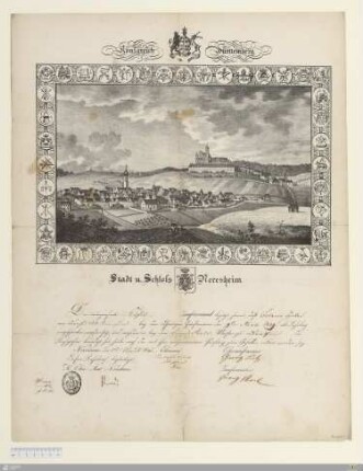 Königreich Württemberg. Stadt u. Schloss Neresheim : [Handwerksbrief, Böttcher, Neresheim, 1841]; Der unterzeichnete Küfer Zunftvorstand bezeugt hiemit, daß Johannes Huber von Dorfen OA Neresheim ... nachdem er bey dem Vincens Abele Meister zu Dorfen die Lehrjahre beendigt hat ... zum Gesellen erklärt worden sey. Neresheim den 5ten August 1841 ...