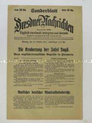 Nachrichtenblatt der Tageszeitung "Dresdner Nachrichten" u.a. über Kämpfe in Flandern und in der Ostsee