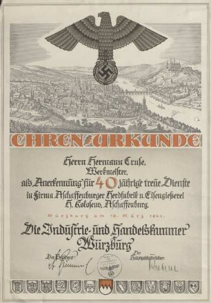 Ehrenurkunde für Hermann Cruse, Aschaffenburg