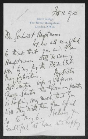 Brief von John Galsworthy an Gerhart Hauptmann