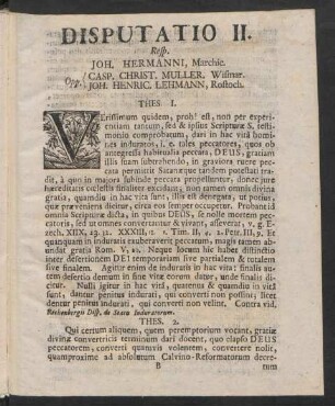 Disputatio II. Resp. Joh. Hermanni, Marchic. Opp. Casp. Christ. Muller. Wismar. Joh. Henric. Lehmann, Rostoch