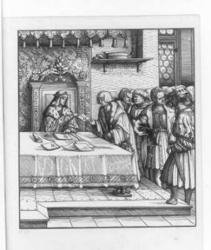 Der junge Weißkunig im Umgang mit seinen Sekretären : Burgkmair, Hans  (Inventor): Der junge Weißkunig im Umgang mit seinen Sekretären, Bl. 34. Holzschnitt; 264 x 225 mm (Blattgröße). 1510-1515. Aus: Maximilian, Kaiser I. Treitzsaurwein, Marx [Bearb.]. Burgkmair, Hans [Ill.]: Der Weiß-Kunig: [eine Erzählung von den Thaten Kaiser Maximilian des Ersten] ; [Zusammenstellung der ersten Probeabzüge von den Holzschnitten aus dem 16. Jahrhundert]. Dresden: SLUB S.B.563
