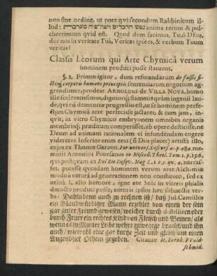 Classis I. eorum qui Arte Chymica verum hominem produci posse statuunt.