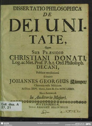 Dissertatio Philosophica De Dei Unitate