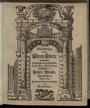 Grundlage einer Ehren-Pforte, woran der Tüchtigsten Capellmeister, Componisten, Musikgelehrten, Tonkünstler [et]c. Leben, Wercke, Verdienste [et]c. erscheinen sollen