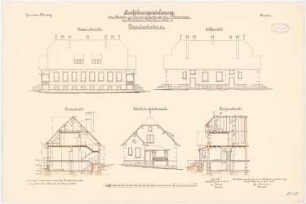 Garnison, Mutzig Wohnhäuser für drei Wallmeister: Doppelwohnhaus: Aufriss Vorderansicht, Hofansicht, westliche Giebelansicht, Längsschnitt, Querschnitt 1:100
