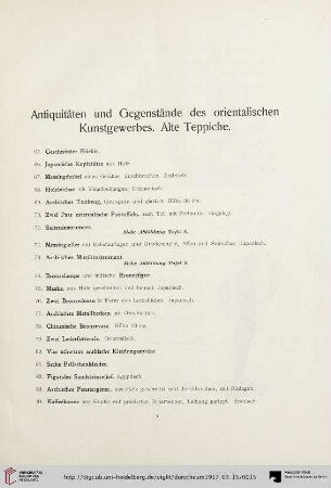 Antiquitäten und Gegenstände des orientalischen Kunstgewerbes. Alte Teppiche (Nr. 65-114)