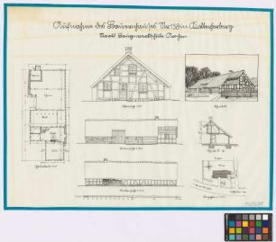 Kalterherberg ([Landkreis Monschau]): Bauernhaus Nr. 158. - Lageplan. - Haupthaus (Grundriss, Ost-Ansicht, Süd-Ansicht, Nord-Ansicht, Schnitt A-B, Schaubild)