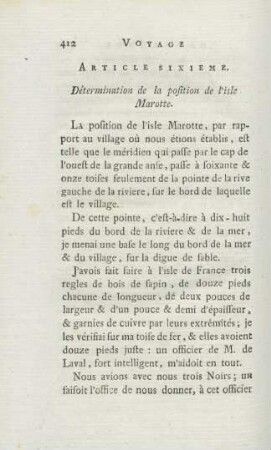 Article sixieme. Détermination de la position de l'isle Marotte