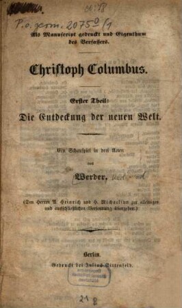 Christoph Columbus : Ein Schauspiel in 3 Acten. 1