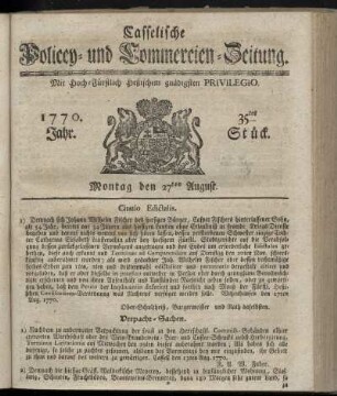 35tes Stueck, Montag den 27ten August. 1770