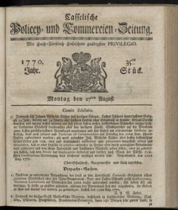 35tes Stueck, Montag den 27ten August. 1770