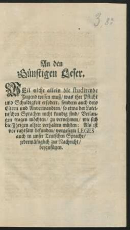 An den Günstigen Leser.