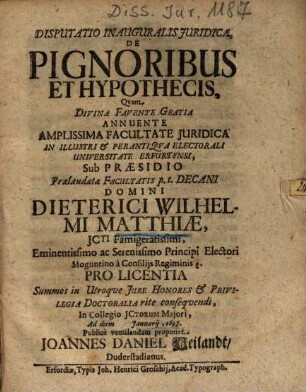 Disputatio Inauguralis Juridica, De Pignoribus Et Hypothecis