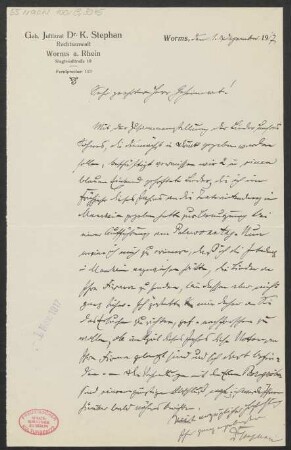 Brief an B. Schott's Söhne : 01.12.1917