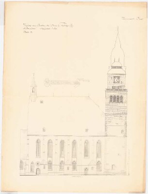 Vorschlag für einen Ausbau des Freiberger Dom: Ansicht Nordseite mit Turm 1:100