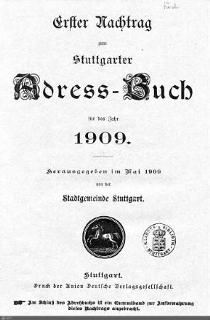 1909,1 - Nachtrag: Stuttgarter Adressbücher / Nachtrag, 1909, Bd. 1