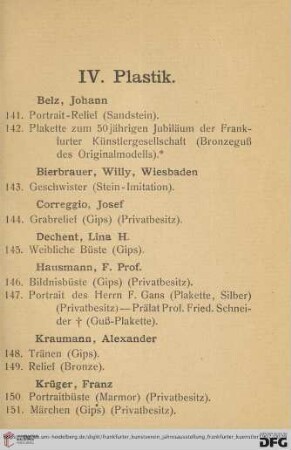 IV. Plastik (Nr. 141-161)