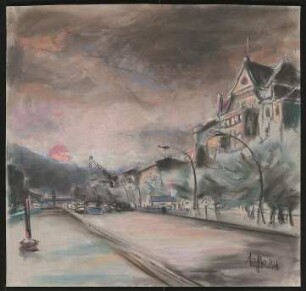 Pastellzeichnung von Karl-Heinz Klingbeil: Straßenszene Ecke Frankfurter Allee / Samariterstraße (1984)