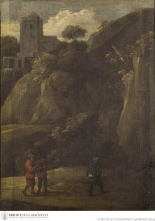 Felsige Landschaft mit Figuren und Turm