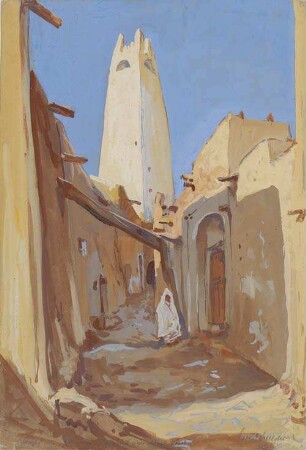 Straße in Ghardaia (Minaret einer M'zab Moschee). Febr. 1930