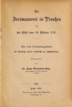 Die Freimaurerei in Preußen und das Edikt vom 20. Oktober 1798