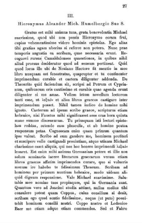 III. Hieronymus Aleander Mich. Humelbergio Suo S.
