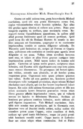 III. Hieronymus Aleander Mich. Humelbergio Suo S.