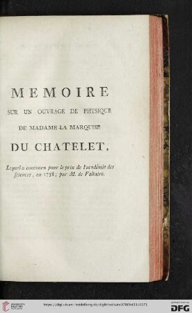 Memoire sur un ouvrage de physique de Madame la Marquise du Chatelet