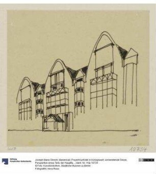 Marienbad, Projekt Kurhotel in Königswart, vorbereitende Skizze, Perspektive eines Teils der Hauptfassade