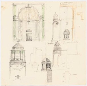 Kirche: Details Schnitte und Ansichten mit Turm und Taufbecken