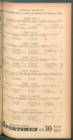 Hipódromo Argentino - Programa oficial para la reunión del domingo 4 de febrero de 1912