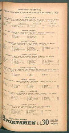 Hipódromo Argentino - Programa oficial para la reunión del domingo 4 de febrero de 1912