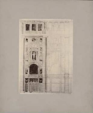 Admiralspalast, Berlin: Detailskizze der Fassade, auf der Rückseite des Kartons kleine Bleistiftskizze Schnitt des Gesims
