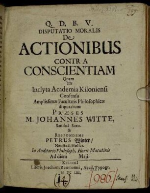 Disputatio Moralis De Actionibus Contra Conscientiam