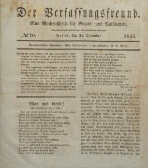 № 70. Cassel, den 31. Dezember 1831.