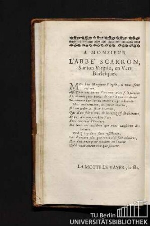 A Monsieur L'Abbe' Scarron Sur fon Virgile, en Vers Burlesques.