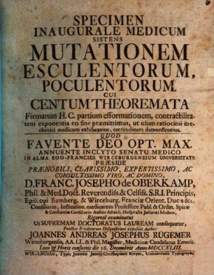 Specimen inaug. med. sistens mutationem esculentorum, poculentorum cui centum theoremata