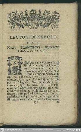 Lectori Benevolo S. P. D. Ioan. Franciscus Buddeus Theol. D. Et P.P.O.