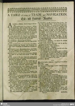 A Table of terms of Trade and Navigation. Sjö- och Handels-Register