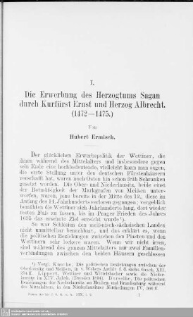 I. Die Erwerbung des Herzogtums Sagan durch Kurfürst Ernst und Herzog Albercht