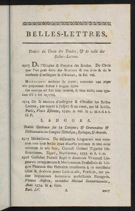 1, Traités du Choix des Etudes, & de celle des Belles-Lettres